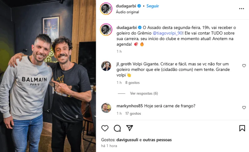 Duda Garbi anuncia novo "Assado" para atual titular do Grêmio; saiba como acompanhar
