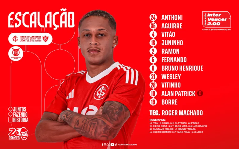Com Vitinho entre os titulares, Inter está escalado para encarar o Fluminense