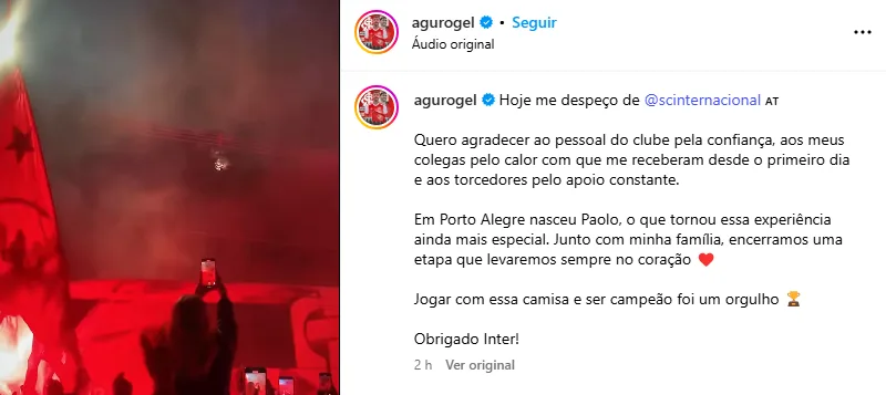 Rogel encerra passagem pelo Inter com texto de despedida: "Foi um orgulho" Em um longo post feito em suas redes sociais oficiais, zagueiro uruguaio Agustín Rogel confirmou a sua saída do Inter ao fim do contrato de empréstimo.