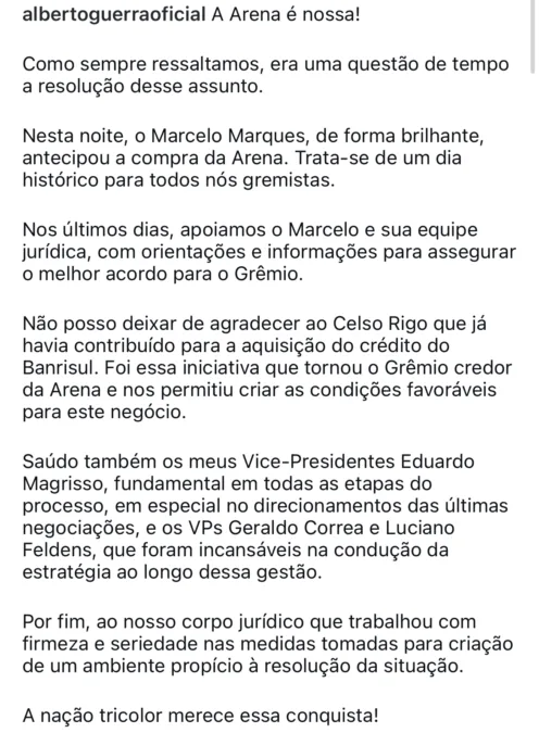 Presidente do Grêmio elogia ação "brilhante" de Marques e solta nota: "Arena é nossa" Presidente Alberto Guerra se manifestou nas redes sociais através de longa nota oficial sobre os últimos fatos do Grêmio.