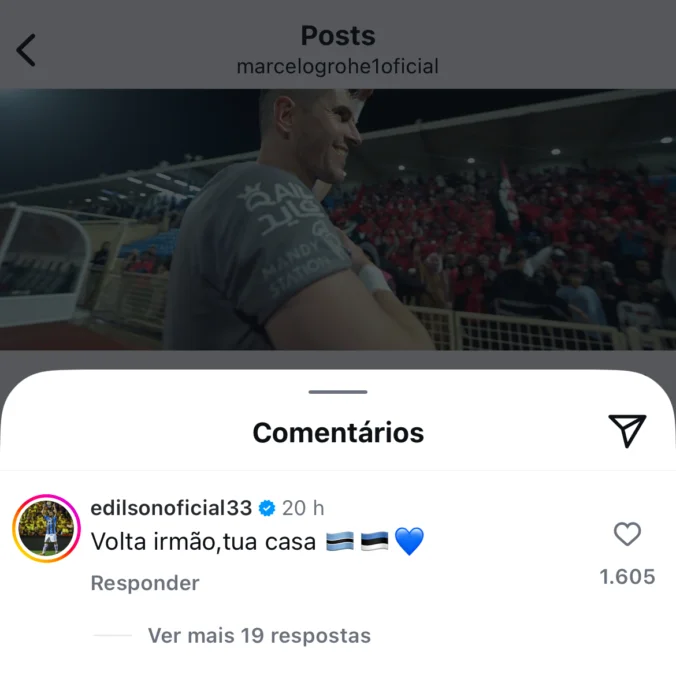 Edilson comenta em post de Marcelo Grohe e pede retorno ao Grêmio: "Tua casa"