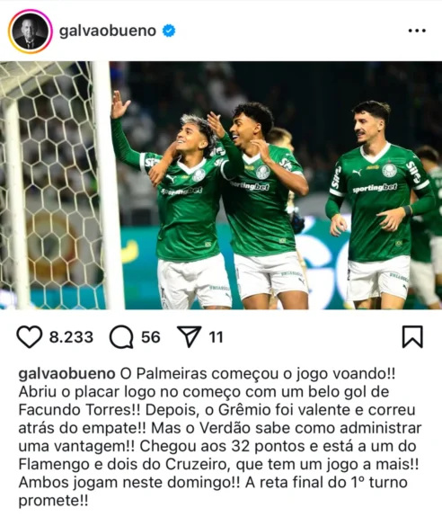Galvão Bueno elogia postura do Grêmio na derrota para o Palmeiras: "Valente"