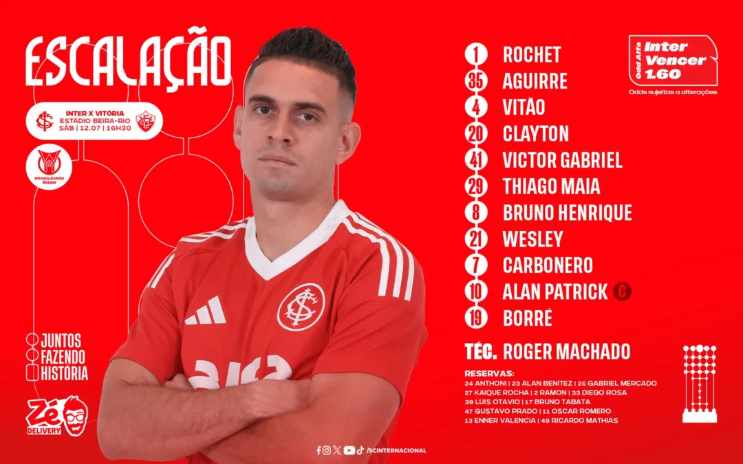 Com novidade na lateral, Inter está escalado oficialmente para enfrentar o Vitória Técnico Roger Machado escala o Inter com pelo menos uma surpresa para a partida diante do Vitória nesta tarde no Beira-Rio pelo Brasileirão.