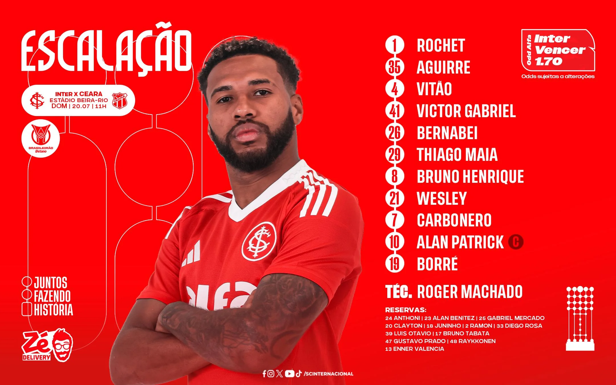 Inter tem mudança confirmada na escalação contra o Ceará; veja o time titular e onde assistir