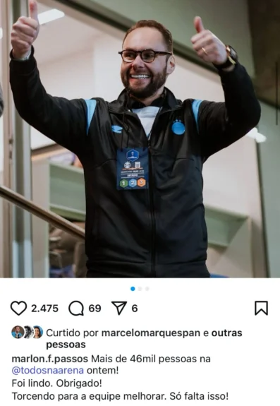 Homem de confiança de Marques no Grêmio elogia festa na Arena e critica time