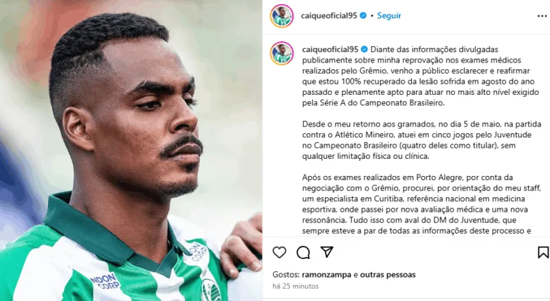 Caíque publica longa nota oficial e rebate exames feitos pelo Grêmio: "Estou 100%" Através de um longo comunicado oficial publicado nas suas redes sociais, o volante Caíque deu o seu lado da história da negociação que fracassou com o Grêmio.