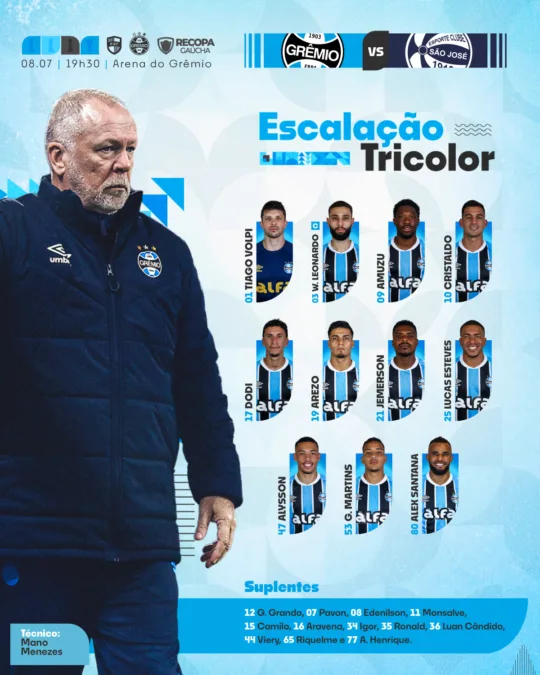 Com novidades, Grêmio está escalado para encarar o São José na Arena Grêmio está oficialmente escalado para enfrentar o São José pela decisão da Recopa Gaúcha; saiba aqui todos os detalhes envolvidos.