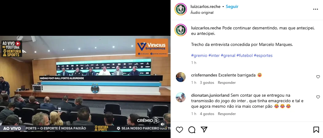 "Pode continuar...": Reche reage ao comentário de Marcelo Marques em coletiva no Grêmio Grêmio viveu uma coletiva histórica com anúncio de compra por parte de Marcelo Marques, que também deu uma cutucada em Reche.