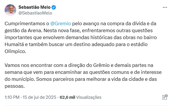 Prefeito de Porto Alegre parabeniza Grêmio e quer tratar dois temas com a direção