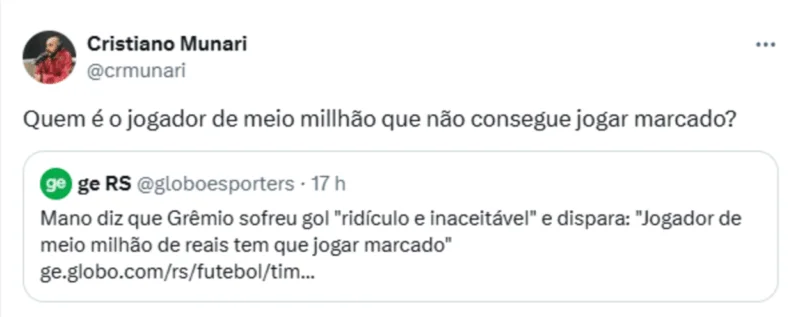 Jornalista cria enquete para saber qual jogador de "meio milhão" do Grêmio foi o alvo de Mano Jornalista cria enquete para saber qual jogador de "meio milhão" do Grêmio foi o alvo de Mano Técnico Mano Menezes roubou a cena com polêmicas declarações na coletiva de imprensa depois de Fluminense 1x0 Grêmio.