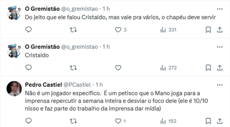 Jornalista cria enquete para saber qual jogador de "meio milhão" do Grêmio foi o alvo de Mano Jornalista cria enquete para saber qual jogador de "meio milhão" do Grêmio foi o alvo de Mano Técnico Mano Menezes roubou a cena com polêmicas declarações na coletiva de imprensa depois de Fluminense 1x0 Grêmio.