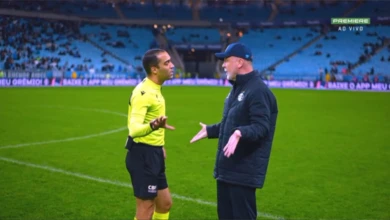 Mano Menezes cobra árbitro no centro do campo após lance polêmico em Grêmio x Ceará Mano Menezes conversando com árbitro do jogo