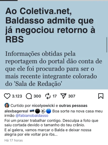 Alex Bagé já começa a se despedir de Baldasso nas redes sociais; entenda