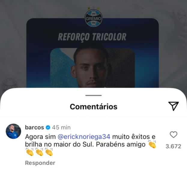 Barcos comenta no post do Grêmio sobre Noriega e avisa: "É o maior do RS"