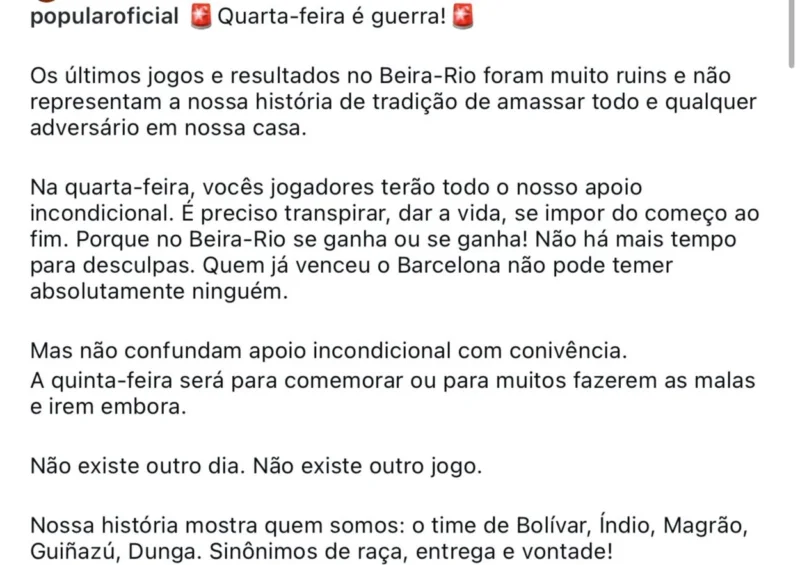 Dia do Inter tem nota oficial da Guarda Popular e demonstração de otimismo de Roger