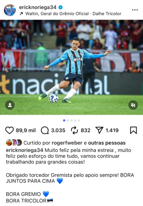 Noriega encanta torcida pelo seu "gremismo" e faz novo post após a estreia no Grêmio
