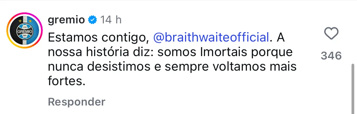 Grêmio publica recado para Braithwaite após desabafo do centroavante na web