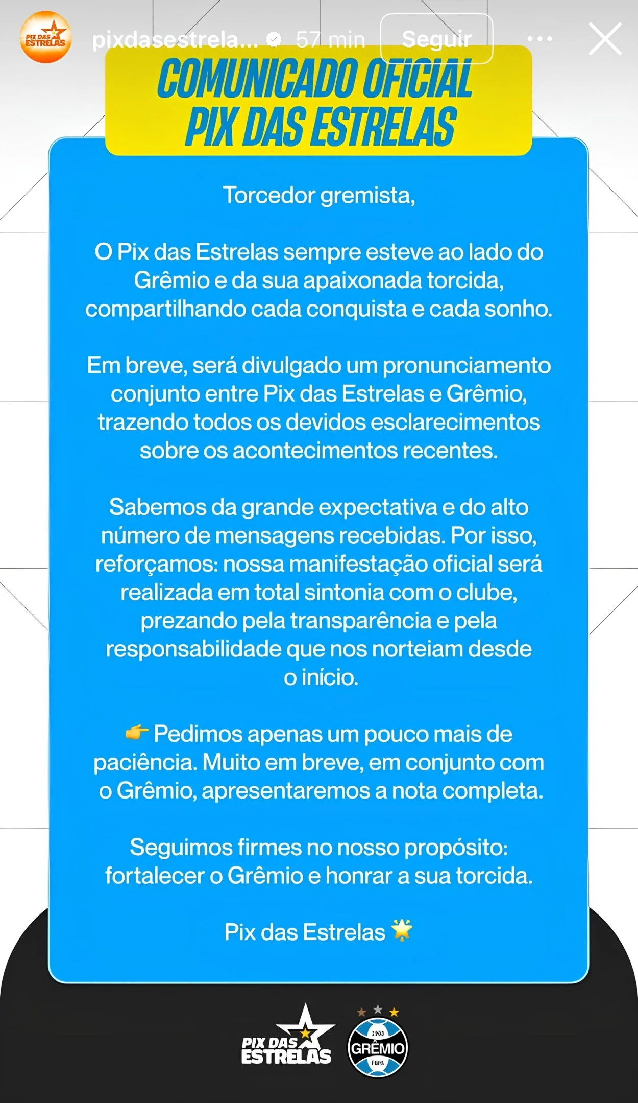 Comunicado do Pix das Estrelas