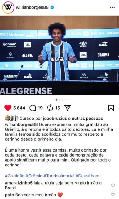 Willian se manifesta na web após apresentação no Grêmio e ganha recado até de ex-Inter