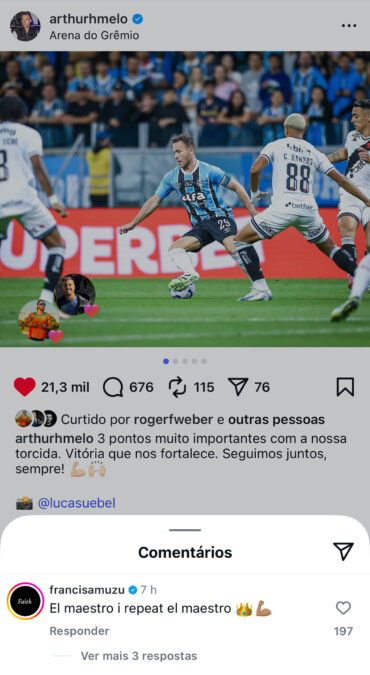 Amuzu divide méritos com Arthur no Grêmio e cria apelido para o colega na web