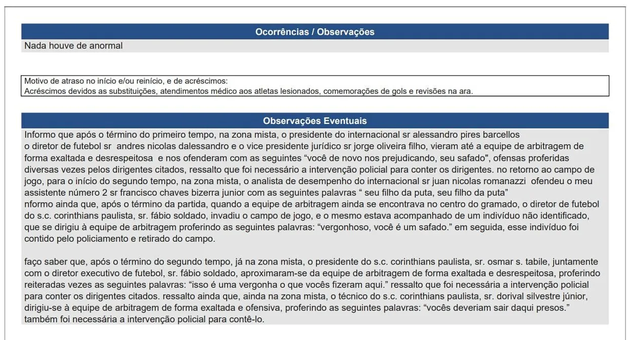 Súmula - Inter x Corinthians - 26ª rodada