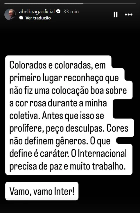 Abel Braga pede desculpas após fala homofóbica e cita paz no Inter em postagem nas redes