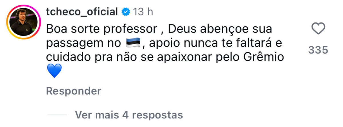 Ex-meia do Grêmio comenta no anúncio oficial de Luís Castro: "Apoio nunca faltará"