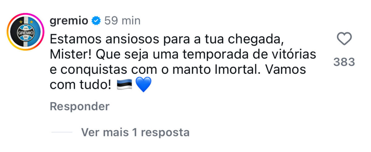 Perfil oficial do Grêmio responde post de Luís Castro na web: "Estamos ansiosos"