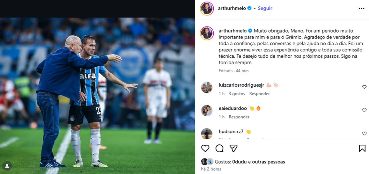 Arthur se manifesta após Grêmio oficializar a saída de Mano Menezes: "Prazer enorme"