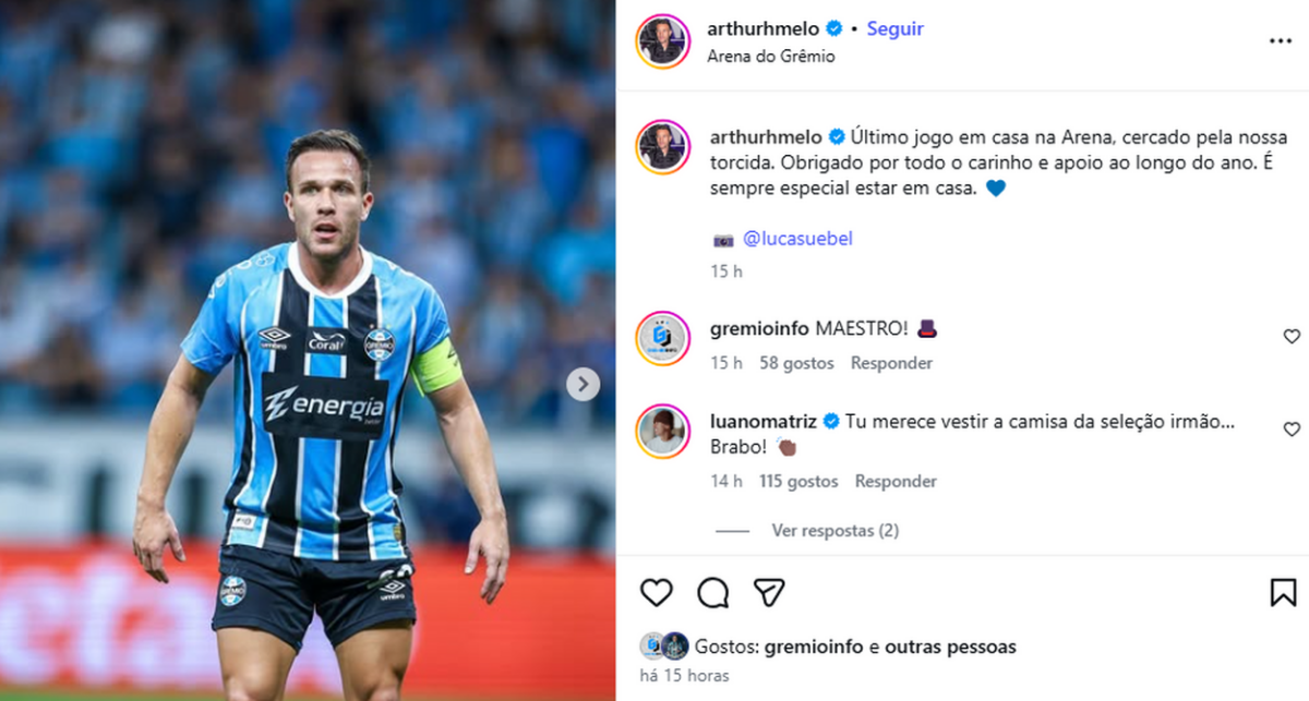 Arthur manda recado para a torcida do Grêmio após o último jogo na Arena no ano