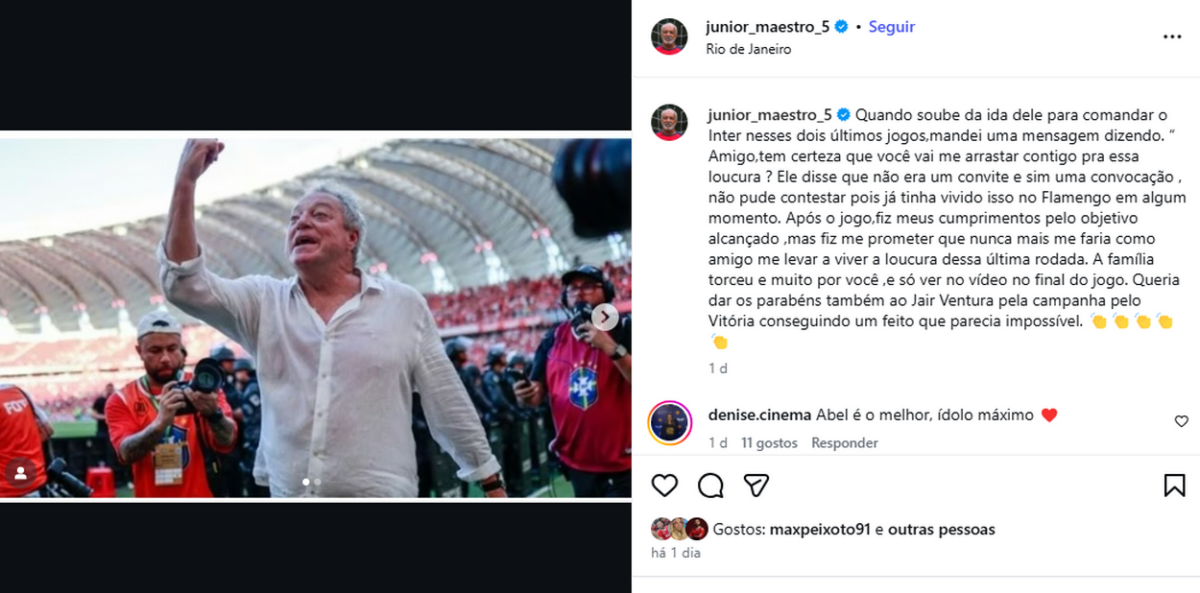 Abel Braga volta ao Rio de Janeiro e é reverenciado por Maestro Júnior na web: "Torcemos muito"