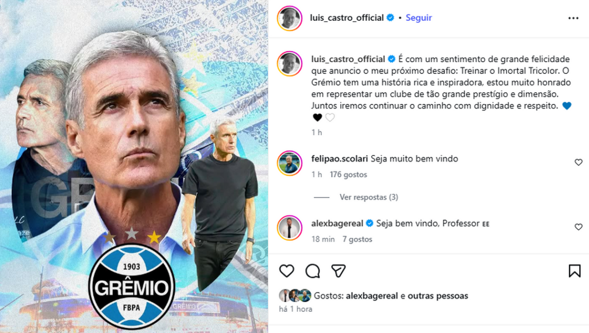 Luís Castro se manifesta pela primeira vez como técnico do Grêmio: "Muito honrado"