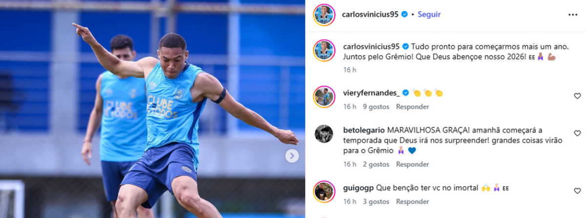 Carlos Vinícius se manifesta antes da estreia na temporada: "Juntos pelo Grêmio"