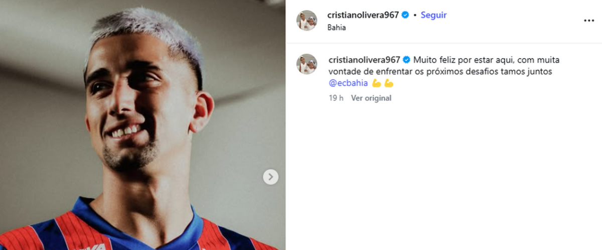 Cristian Olivera se manifesta pela primeira vez após trocar o Grêmio pelo Bahia