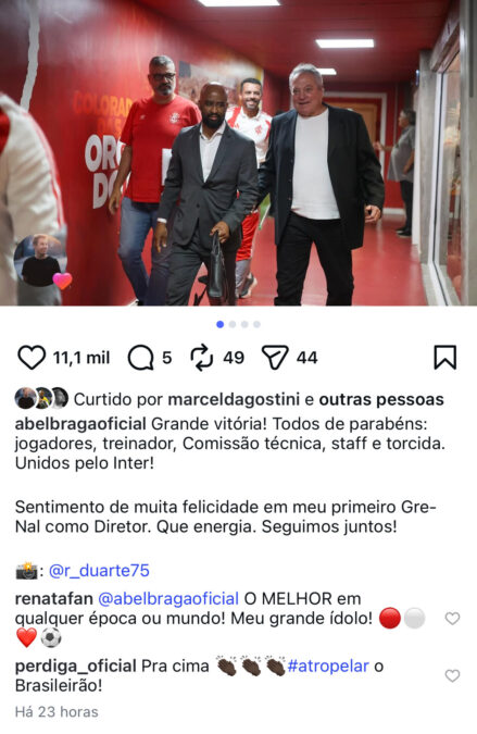 Após caso de violência no Paraná, Perdigão celebra vitória do Inter e comenta post de Abel