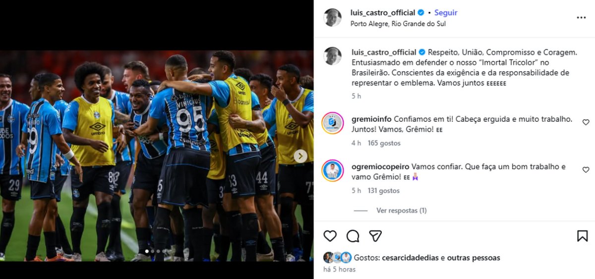 Luís Castro se manifesta nas redes sociais antes da estreia do Grêmio no Brasileirão