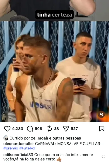 Edilson defende jogadores do Grêmio vistos na Sapucaí: "Folga deles"