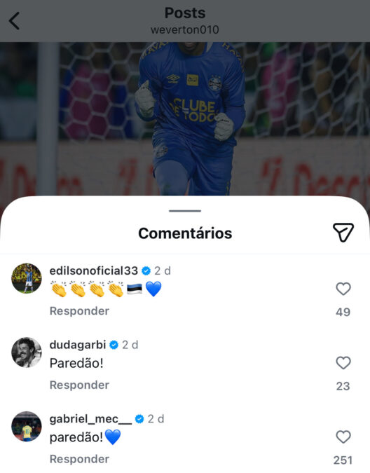 O comentário de Gabriel Mec em post de Weverton após a classificação do Grêmio no Gauchão