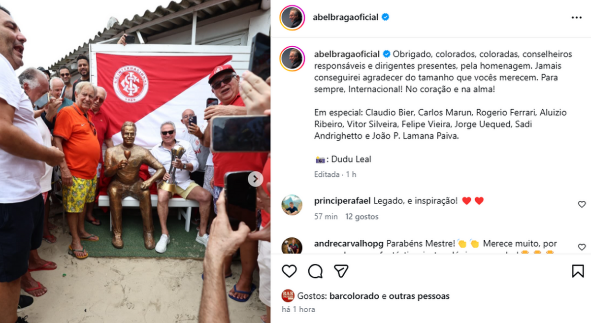 Abel Braga se manifesta nas redes sociais após se tornar estátua: "No coração e na alma"