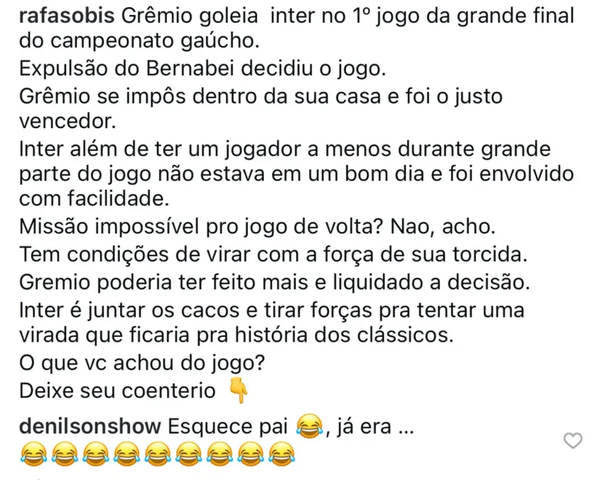 Denilson tira onda com Rafael Sobis após primeiro Gre-Nal: "Esquece, já era"