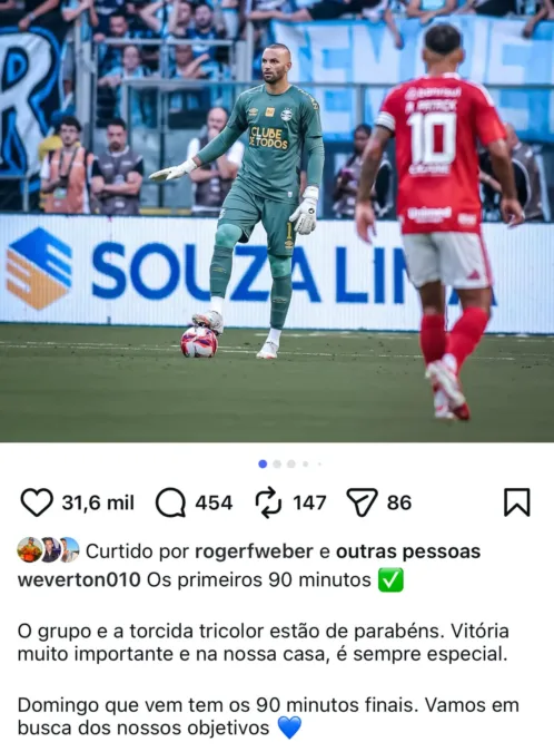 Pouco exigido, Weverton se manifesta após vitória do Grêmio no Gre-Nal: "Sempre especial"