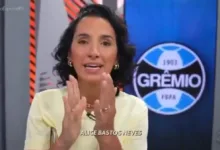 Alice Bastos Neves abre programa aplaudindo jogador do Grêmio; assista Alice Bastos Neves no Grêmio