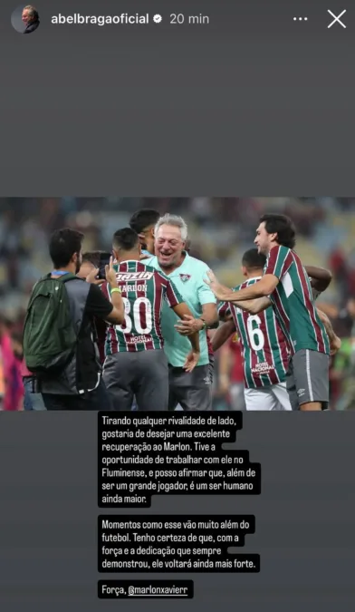 Abel Braga deixa rivalidade e publica mensagem para Marlon: "Voltará ainda mais forte"