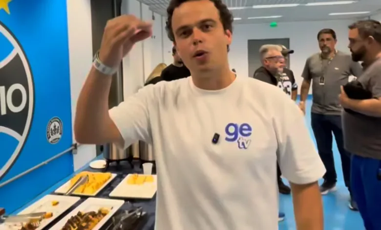 Repórter da TV Globo se impressiona com lanches servidos aos jornalistas na Arena do Grêmio TV Globo e Grêmio