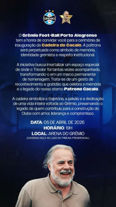 Grêmio eterniza cadeira na Arena e realiza homenagem para Cacalo neste domingo
