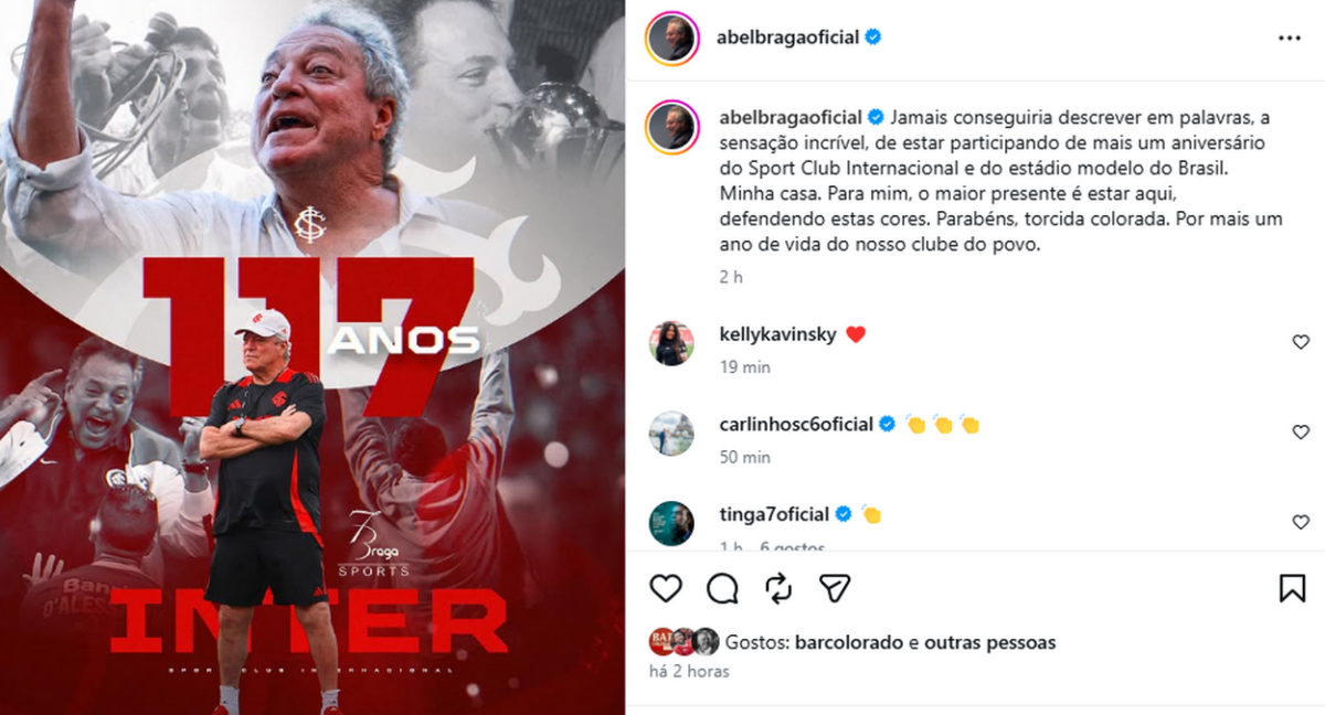 "Minha casa": a publicação de Abel Braga nas redes sociais no aniversário do Inter