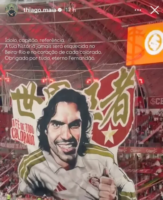 Volante do Inter valoriza homenagem feita para Fernandão: "Obrigado por tudo"
