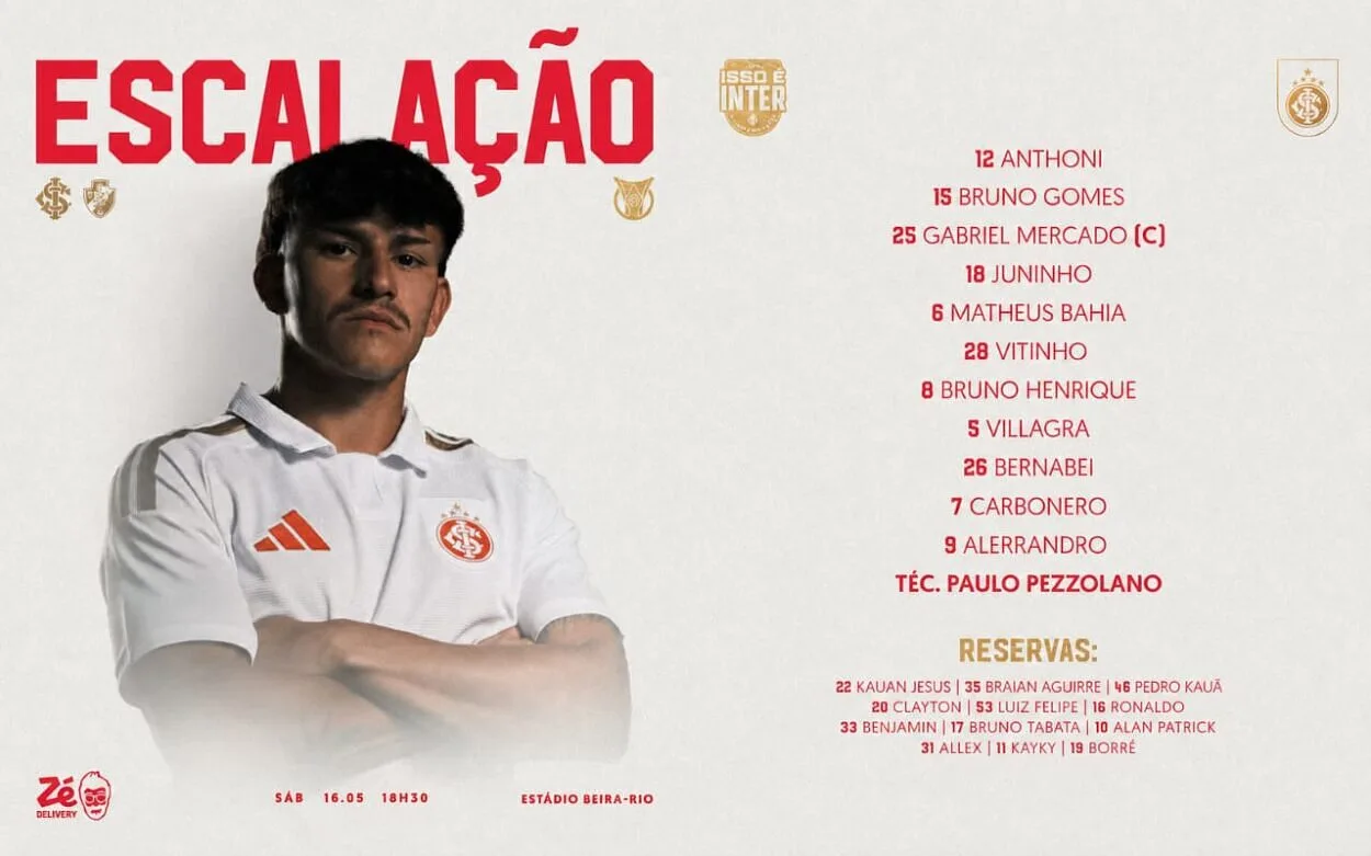 Com Mercado capitão, Inter e Vasco estão escalados; veja onde assistir ao vivo