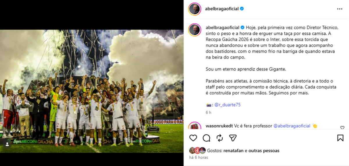 Abel Braga publica mensagem sobre o título do Inter em Pelotas: "Seguimos por mais"