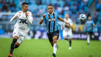 Grêmio encara Santos com histórico desfavorável e pressão na Arena RS - FUTEBOL/CAMPEONATO BRASILEIRO 2025/GREMIO x SANTOS - ESPORTES - Lance da partida entre Gremio e Santos disputada na tarde deste domingo, na Arena do Gremio, em partida valida pela Campeonato Brasileiro 2025. FOTO: LUCAS UEBEL/GREMIO FBPA